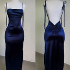 Navy Blue Spaghetti Strap Bodycon Satin Elegant Classy Prom Dress Backless Party Dress