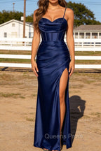 Navy Blue Spaghetti Straps Long Prom Dress With Slit
