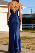 Navy Blue Spaghetti Straps Long Prom Dress With Slit