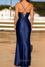Navy Blue Spaghetti Straps Long Prom Dress With Slit