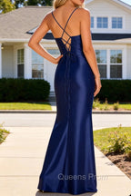 Navy Blue Spaghetti Straps Long Prom Dress With Slit