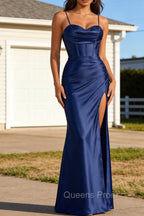 Navy Blue Spaghetti Straps Long Prom Dress With Slit