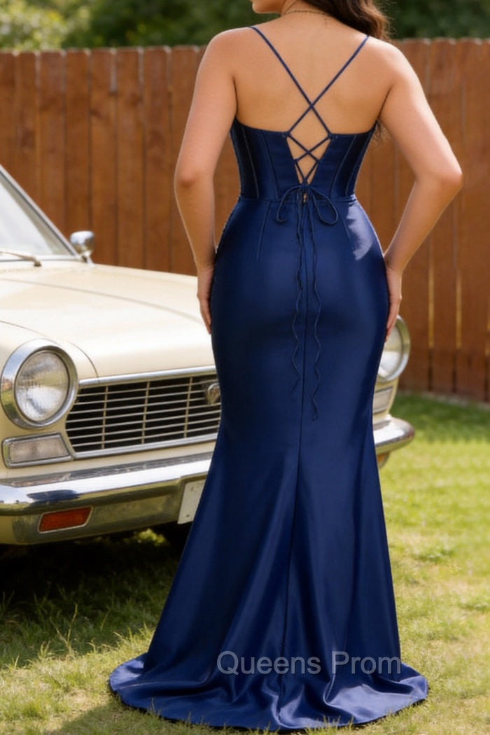 Navy Blue Spaghetti Straps Mermaid Long Prom Dress With Slit