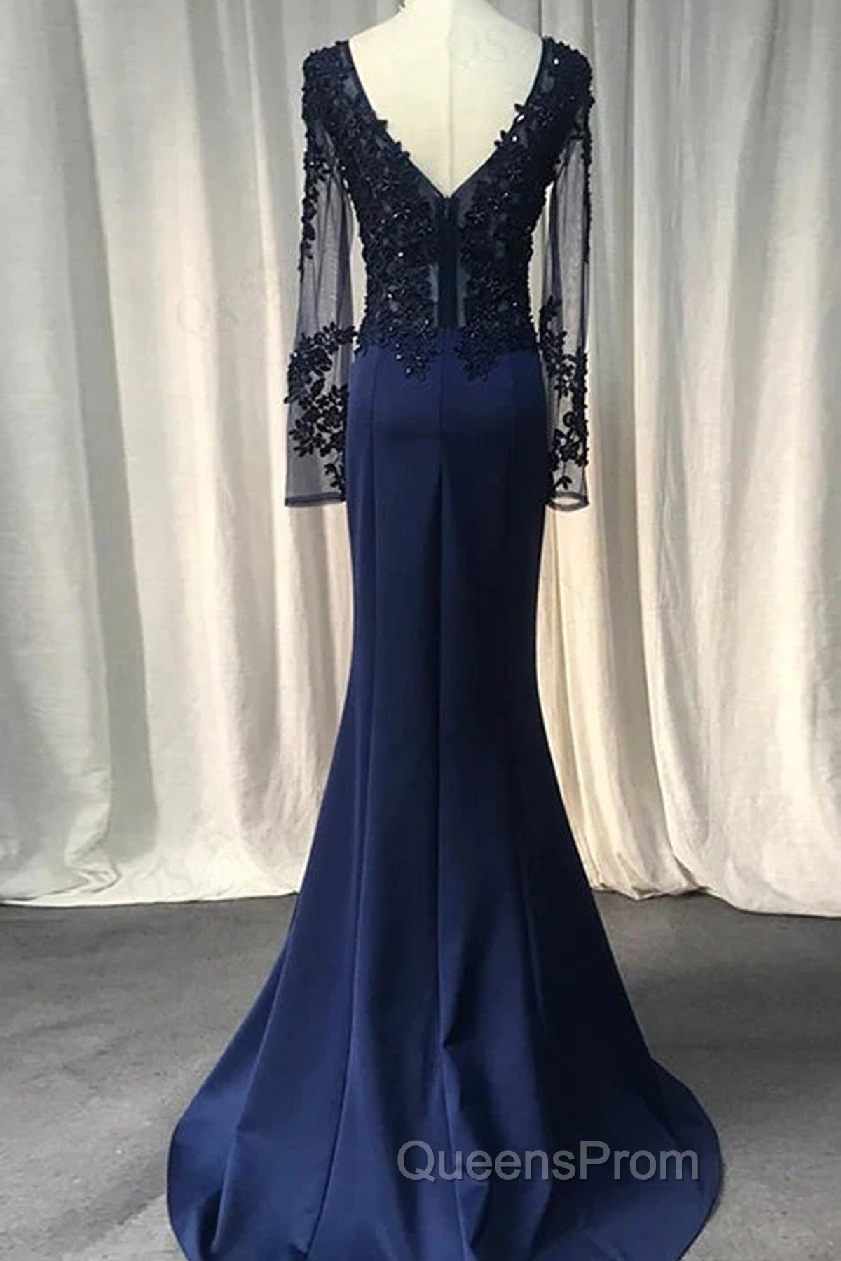 Navy Blue Spandex Long Sleeves Mermaid Evening Dress, Navy Blue Evening Prom Dress Secondary image