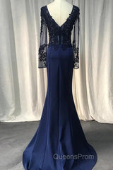 Navy Blue Spandex Long Sleeves Mermaid Evening Dress, Navy Blue Evening Prom Dress