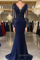 Navy Blue Spandex Long Sleeves Mermaid Evening Dress, Navy Blue Evening Prom Dress