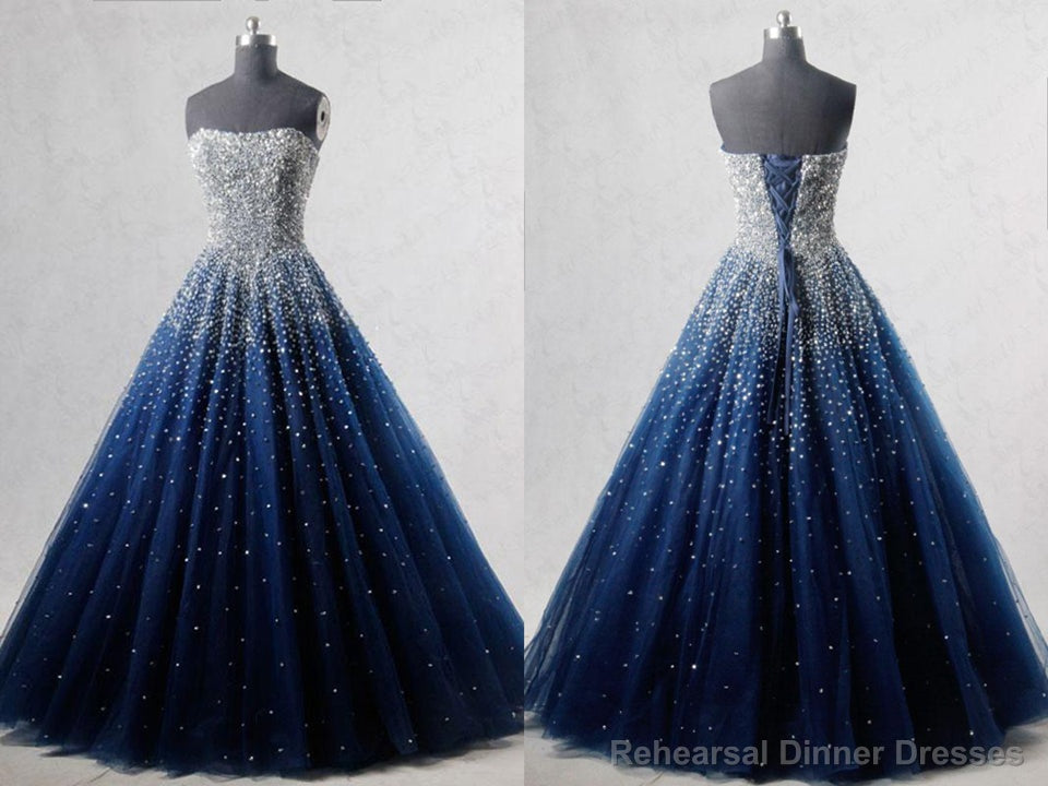 Navy Blue Strapless Floor Length Prom Ball Gown with Beading Sequins, Prom Dresses,Formal Dresses Main image