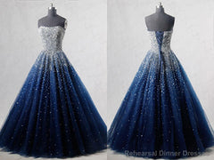 Navy Blue Strapless Floor Length Prom Ball Gown with Beading Sequins, Prom Dresses,Formal Dresses