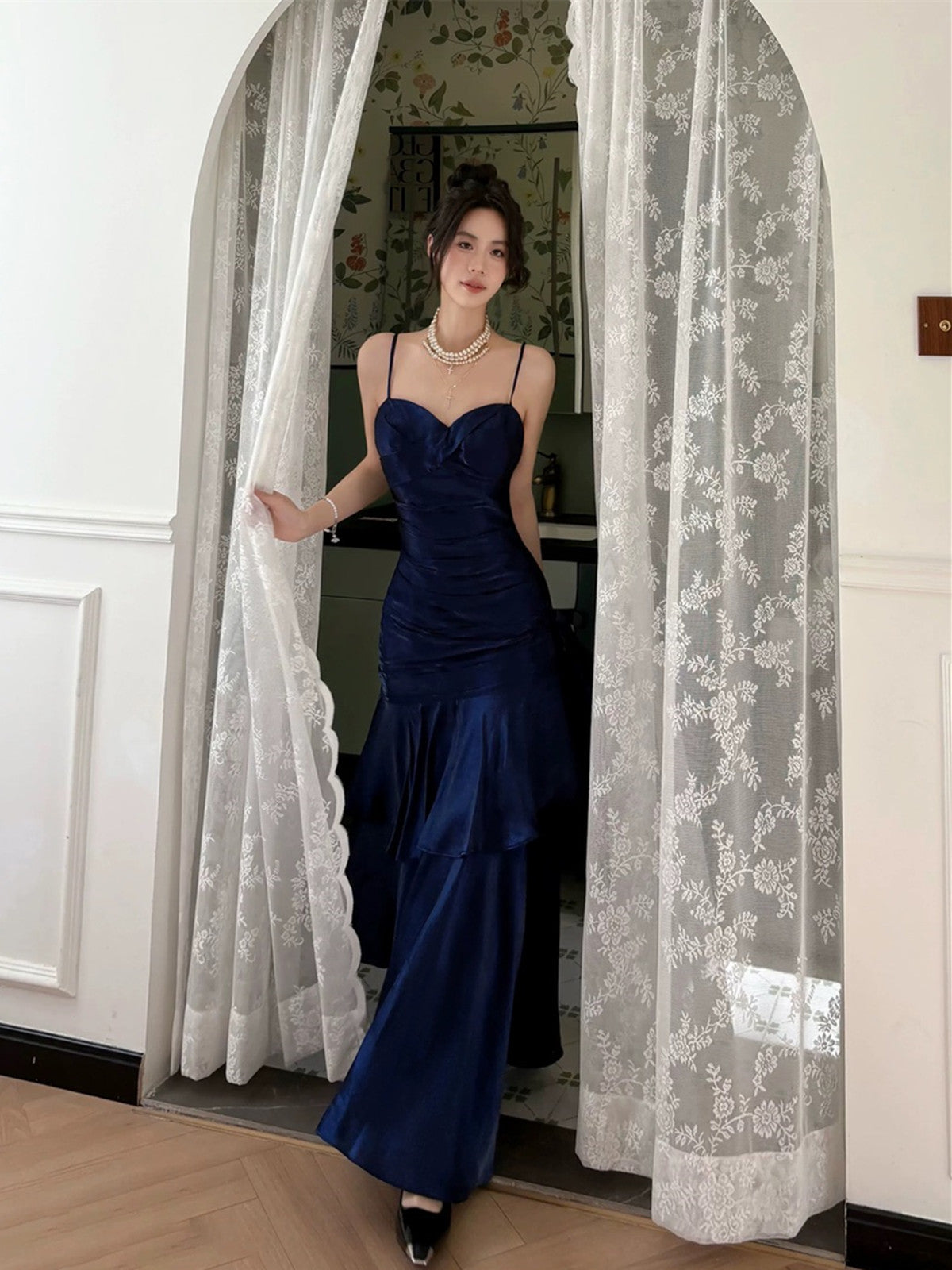 Navy Blue Sweetheart Straps Mermaid Party Dress, Navy Blue Sweetheart Classy Prom Dress Secondary image
