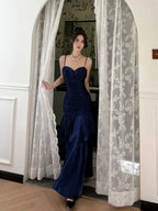 Navy Blue Sweetheart Straps Mermaid Party Dress, Navy Blue Sweetheart Classy Prom Dress