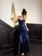 Navy Blue Sweetheart Straps Mermaid Party Dress, Navy Blue Sweetheart Classy Prom Dress