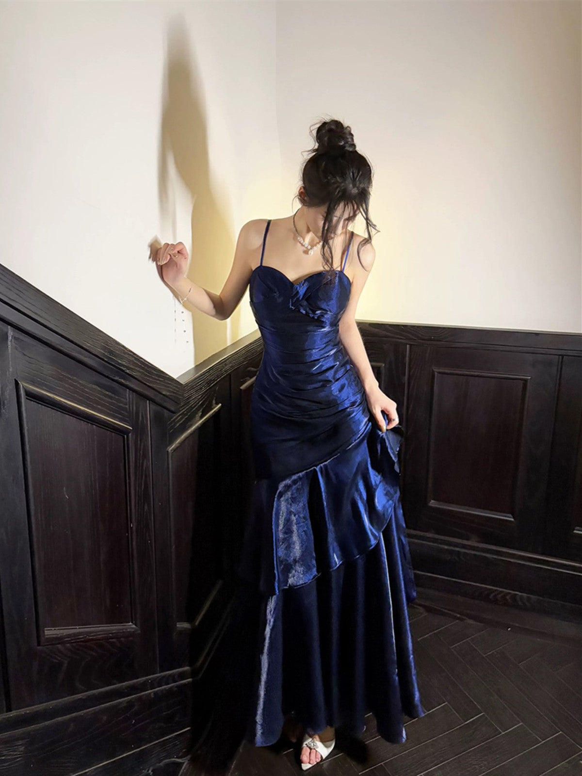 Navy Blue Sweetheart Straps Mermaid Party Dress, Navy Blue Sweetheart Classy Prom Dress