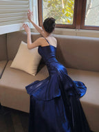 Navy Blue Sweetheart Straps Mermaid Party Dress, Navy Blue Sweetheart Classy Prom Dress