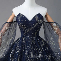 Navy Blue Tulle A-Line Long Party Dress Evening Dress, Navy Blue Long Evening Prom Dress