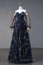 Navy Blue Tulle A-Line Long Party Dress Evening Dress, Navy Blue Long Evening Prom Dress
