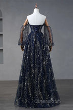 Navy Blue Tulle A-Line Long Party Dress Evening Dress, Navy Blue Long Evening Prom Dress