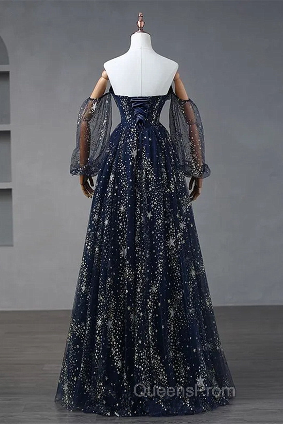 Navy Blue Tulle A-Line Long Party Dress Evening Dress, Navy Blue Long Evening Prom Dress