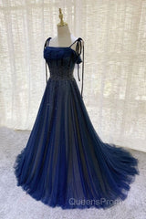 Navy Blue Tulle Beaded Long Evening Prom Dress Evening Dress