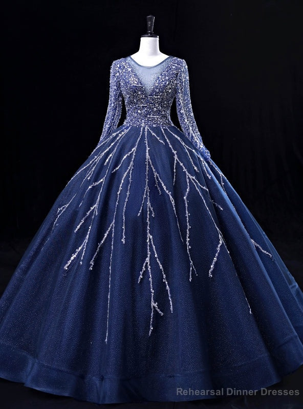 Navy Blue Tulle Beading Long Sleeve Quinceanera Dress Main image