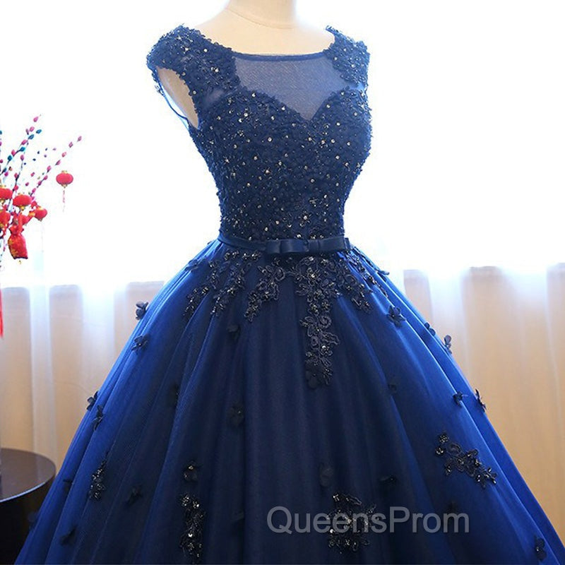 Navy Blue Tulle Cap Sleeves Quinceanera Dress, Blue Beaded Ball Gown Party Dress Secondary image