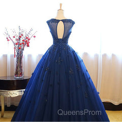 Navy Blue Tulle Cap Sleeves Quinceanera Dress, Blue Beaded Ball Gown Party Dress