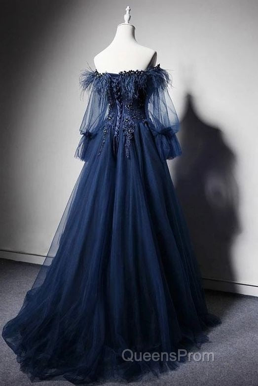 Navy Blue Tulle Lace Beading Off-Shoulder Formal Evening Dress Evening Prom Dress Secondary image
