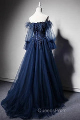 Navy Blue Tulle Lace Beading Off-Shoulder Formal Evening Dress Evening Prom Dress