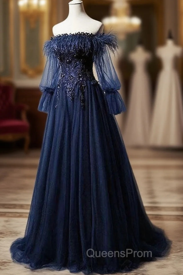 Navy Blue Tulle Lace Beading Off-Shoulder Formal Evening Dress Evening Prom Dress Main image