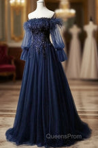 Navy Blue Tulle Lace Beading Off-Shoulder Formal Evening Dress Evening Prom Dress