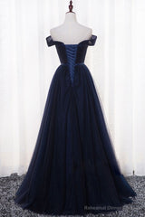 Navy Blue Tulle Long Party Dress, Simple Off Shoulder Blue Bridesmaid Dress