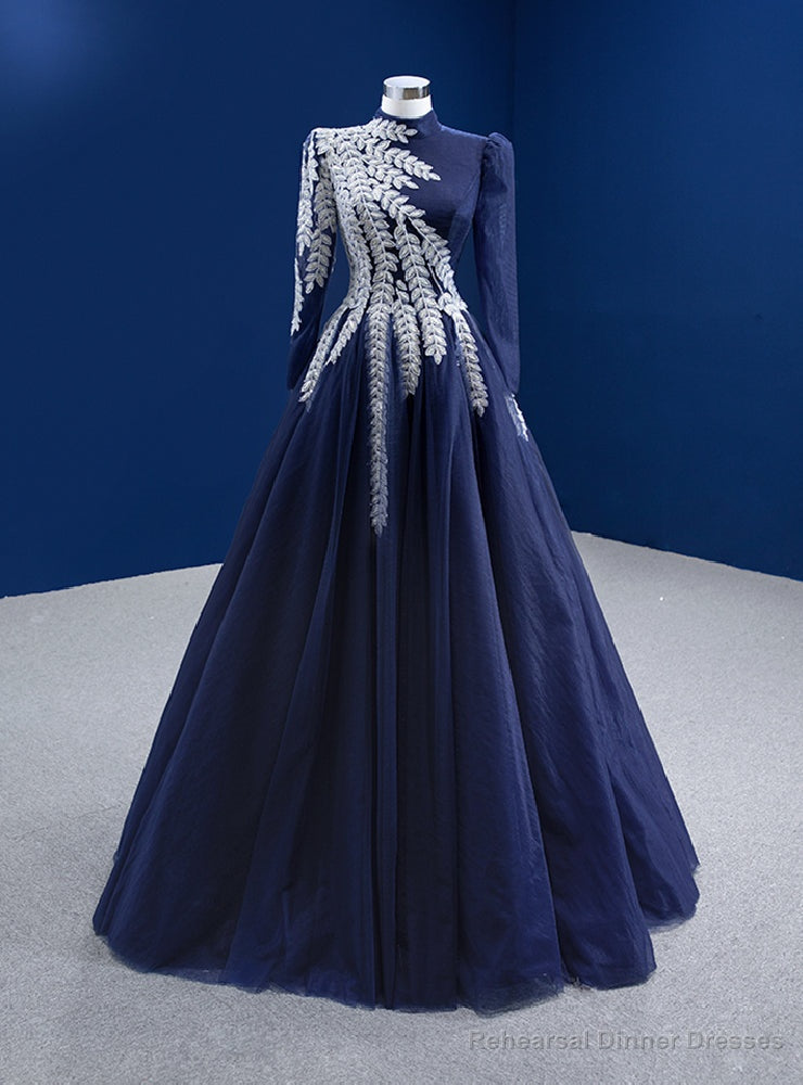 Navy Blue Tulle Long Sleeve High Neck Beading Prom Dress Main image