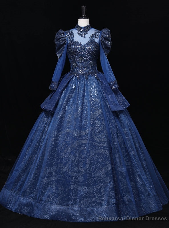Navy Blue Tulle Long Sleeve Sequins Beading Quinceanera Dress Main image