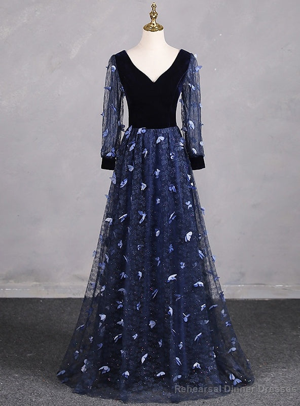 Navy Blue Tulle Long Sleeve V-neck Butterfly Prom Dress
