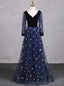 Navy Blue Tulle Long Sleeve V-neck Butterfly Prom Dress