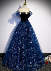 Navy Blue Tulle Off Shoulder Beaded Long Party Dress, Navy Blue Tulle Evening Prom Dress