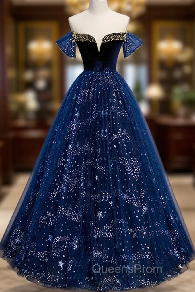 Navy Blue Tulle Off Shoulder Beaded Long Party Dress, Navy Blue Tulle Evening Prom Dress