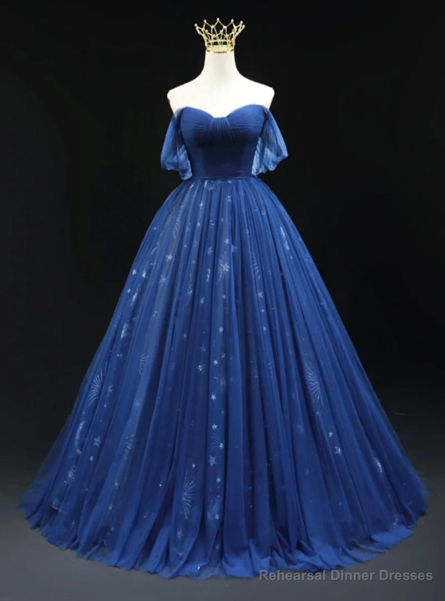 Navy Blue Tulle Off the Shoulder Pleats Prom Dress Main image
