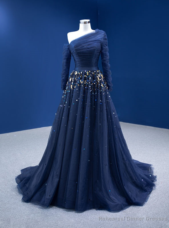 Navy Blue Tulle One Shoulder Pleats Sequins Prom Dress Main image