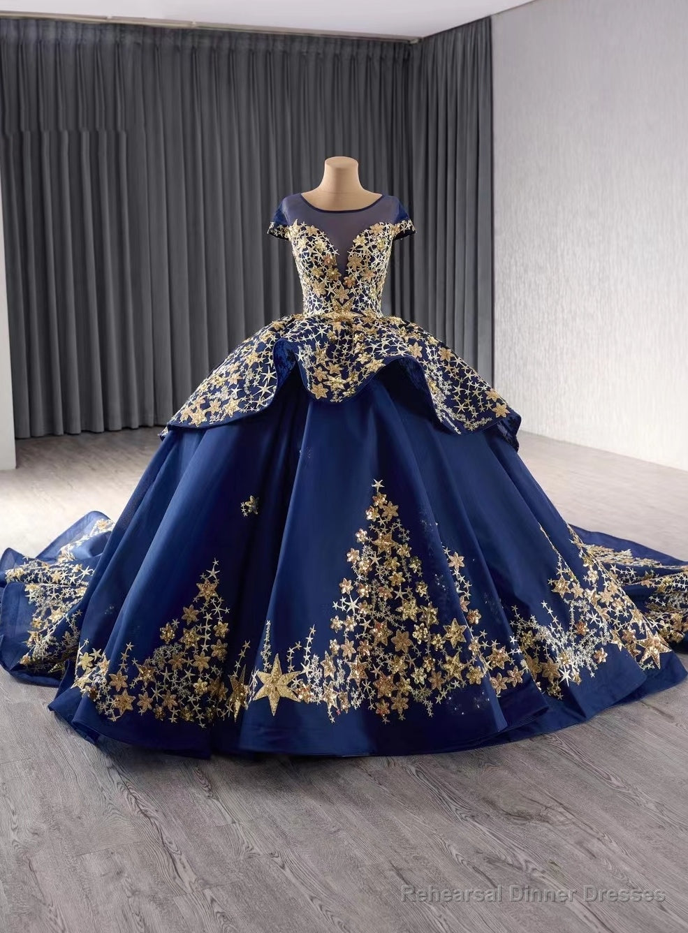 Navy Blue Tulle Sequins Cap Sleeve Prom Dress Main image