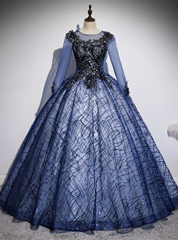 Navy Blue Tulle Sequins Long Sleeve Appliques Quinceanera Dress Main image