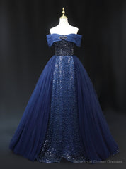 Navy Blue Tulle Sequins Off the Shoulder Beading Prom Dress