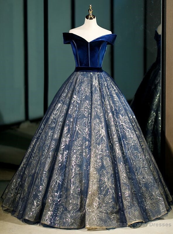 Navy Blue Tulle Sequins Velvet Off the Shoulder Quinceanera Dress Main image