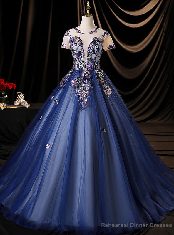 Navy Blue Tulle Short Sleeve Backless Quinceanera Dress Main image