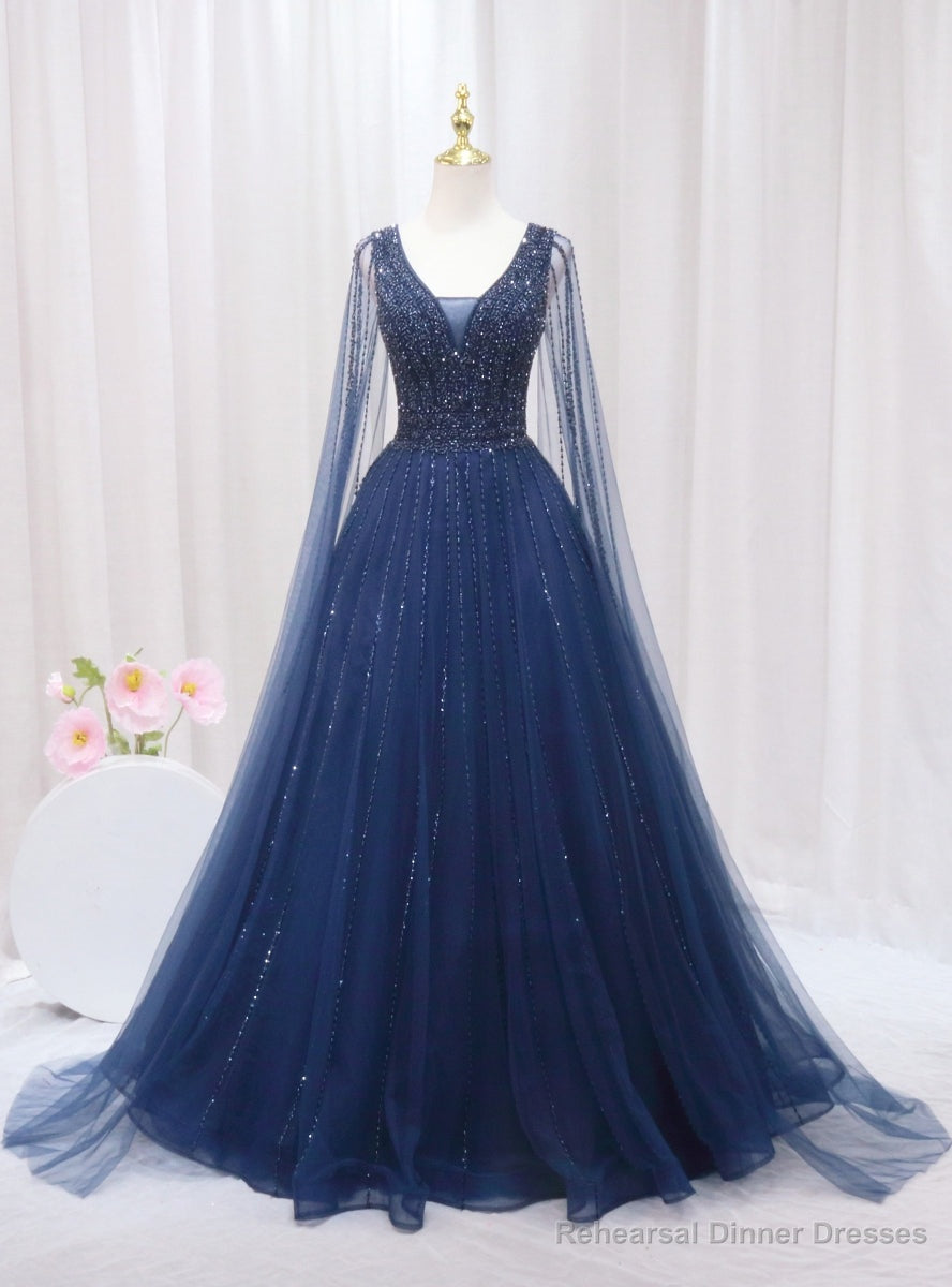 Navy Blue Tulle V-neck Beading Prom Dress Main image