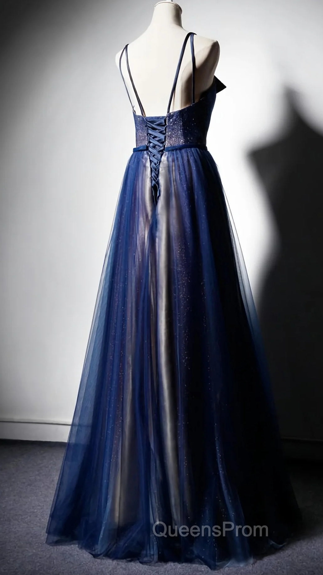 Navy Blue Tulle V Neck Long Women Evening Prom Dress, Lace Up Evening Dress Secondary image
