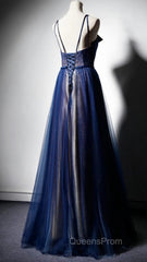 Navy Blue Tulle V Neck Long Women Evening Prom Dress, Lace Up Evening Dress