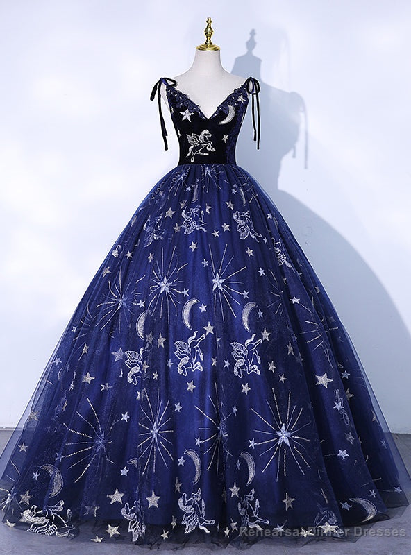 Navy Blue Tulle V-neck Print Quinceanera Dress Main image