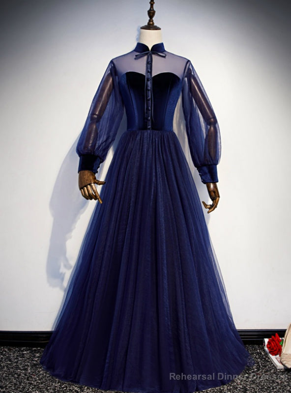 Navy Blue Tulle Velvet Long Sleeve Prom Dress Main image