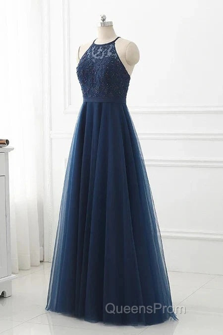 Navy Blue Tulle With Lace Applique Long Party Dress Evening Prom Dress Sleeveless Elegant Secondary image