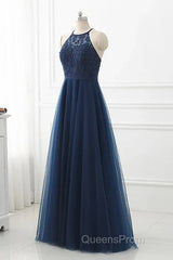 Navy Blue Tulle With Lace Applique Long Party Dress Evening Prom Dress Sleeveless Elegant